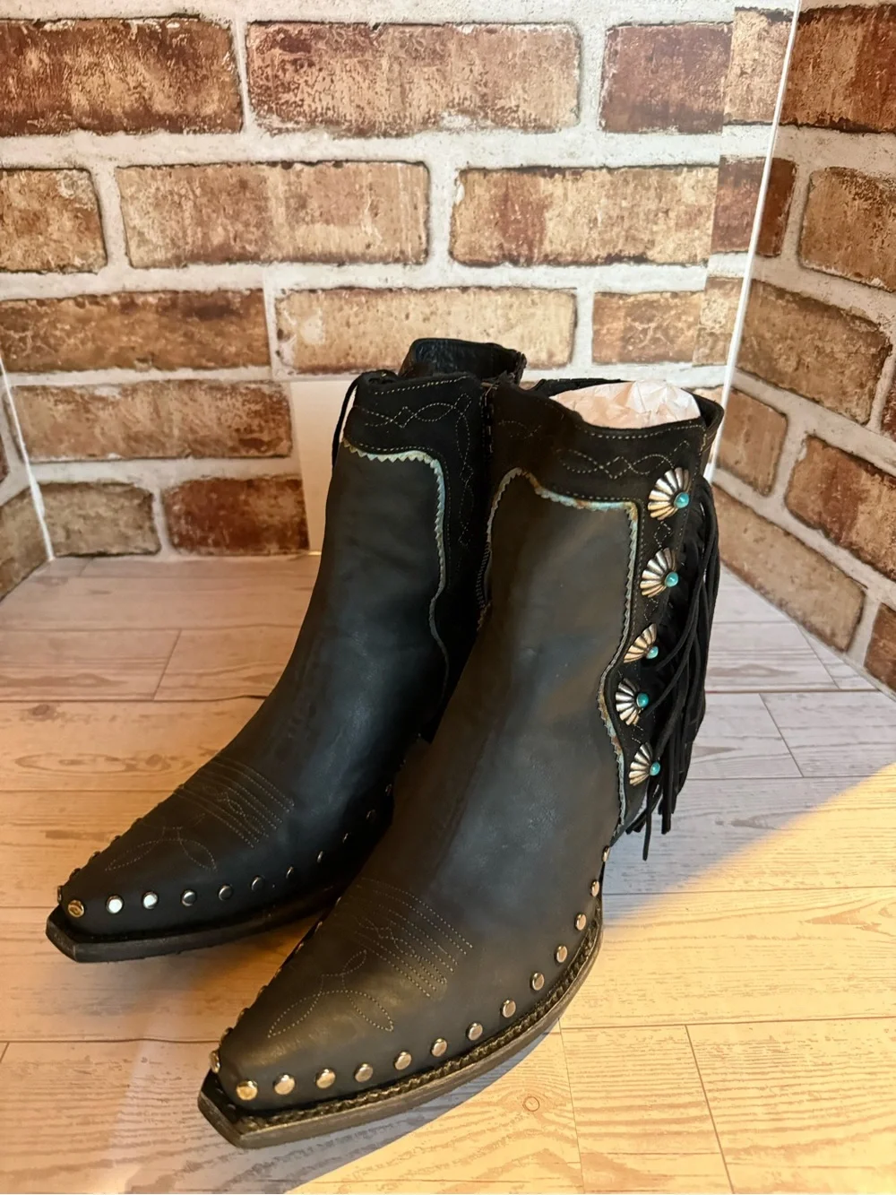 Double D Ranch Black Leather Western Fringe Ankle Boots with Turquoise Accents - Picture 2 of 11